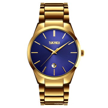 SKMEI 9140 Masculino relógios de ouro moda luxo 3Bar impermeável relógio calendário relógio de pulso analógico de quartzo de aço inoxidável